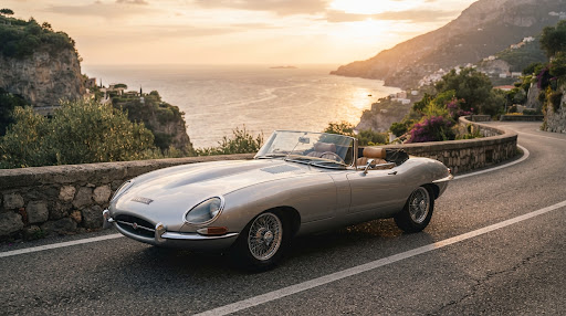 Vintage silver Jaguar E-Type convertible parked on a coastal road at sunset with golden hour light.
